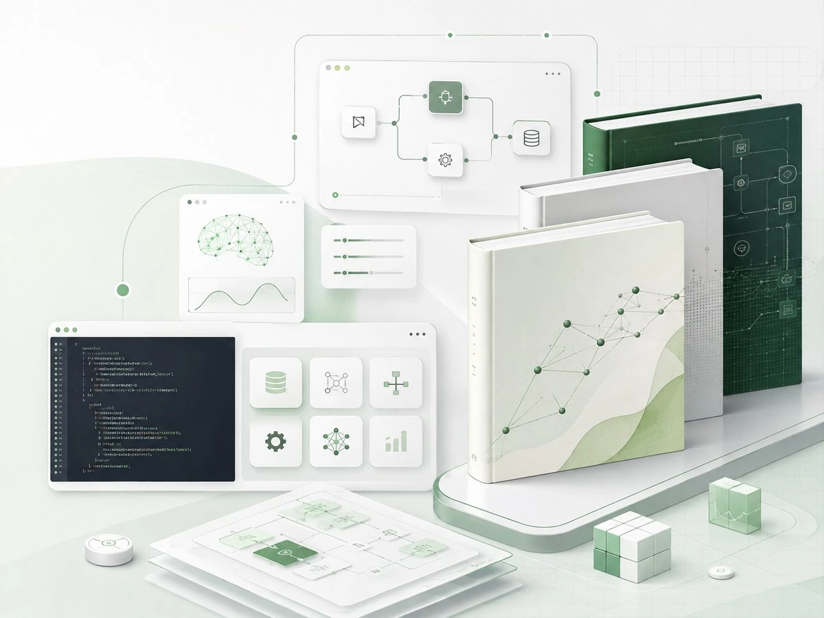 Illustration of PDF guides and connected AI workflow steps